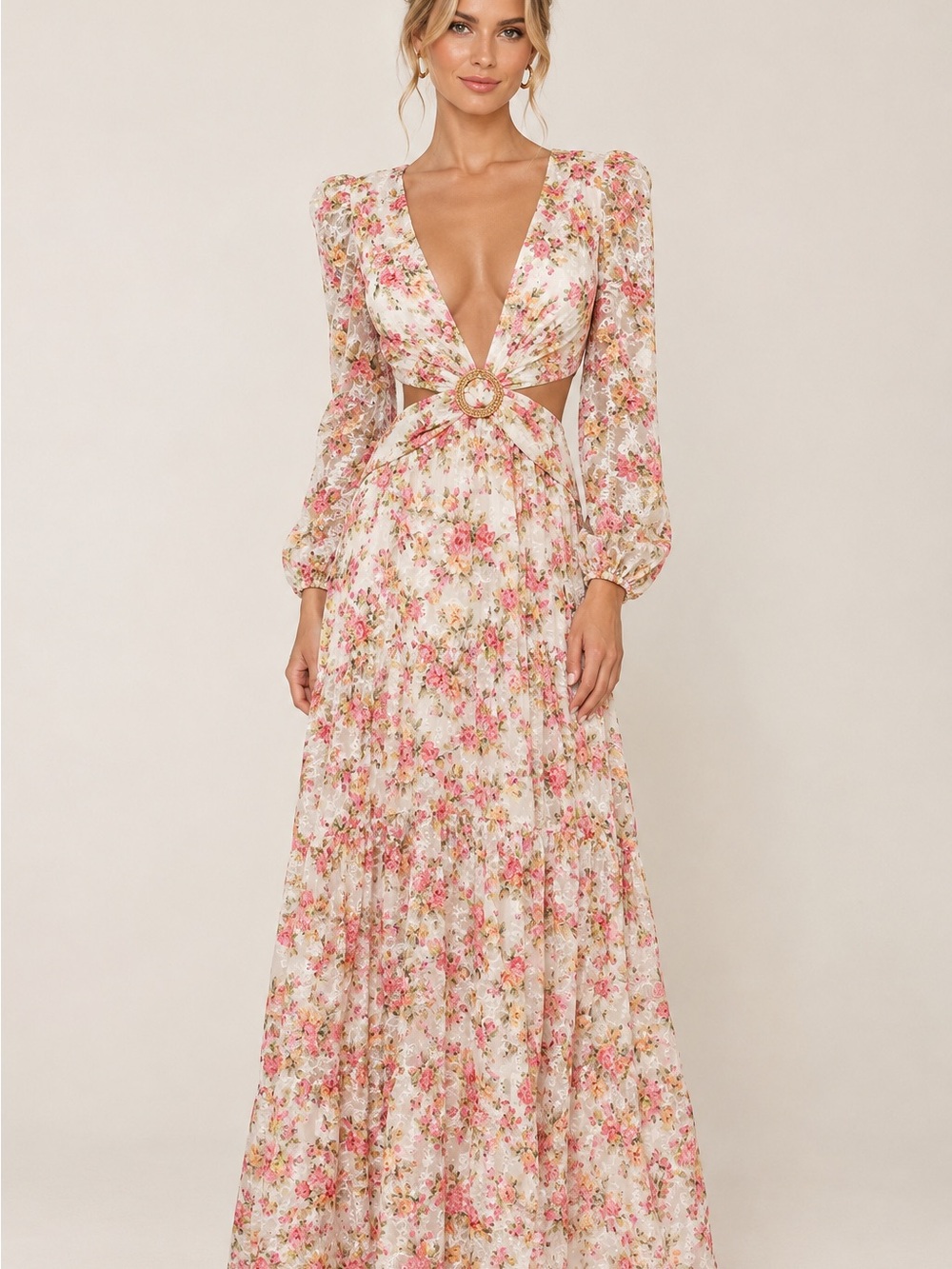 Gianni Bini Floral Cutout Maxi Dress in Pink and Cream